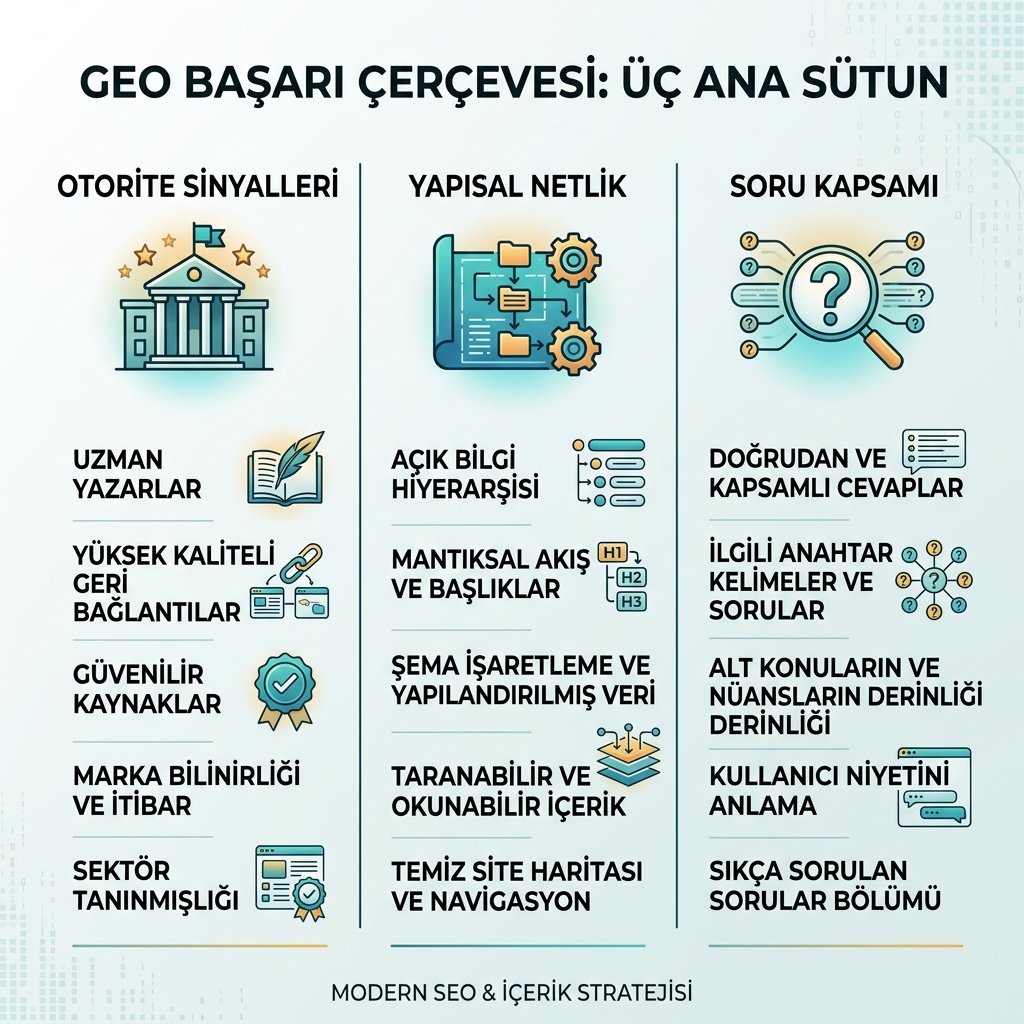 GEO’nun üç temel ilkesi: otorite sinyalleri, yapısal netlik ve tam soru kapsamı