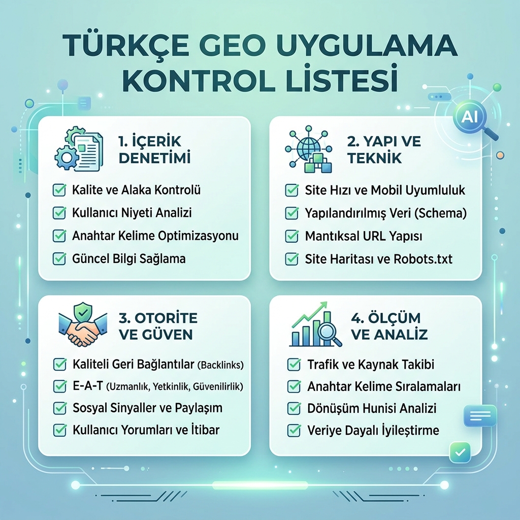 GEO uygulama kontrol listesi: içerik denetimi, yapı, otorite ve ölçüm