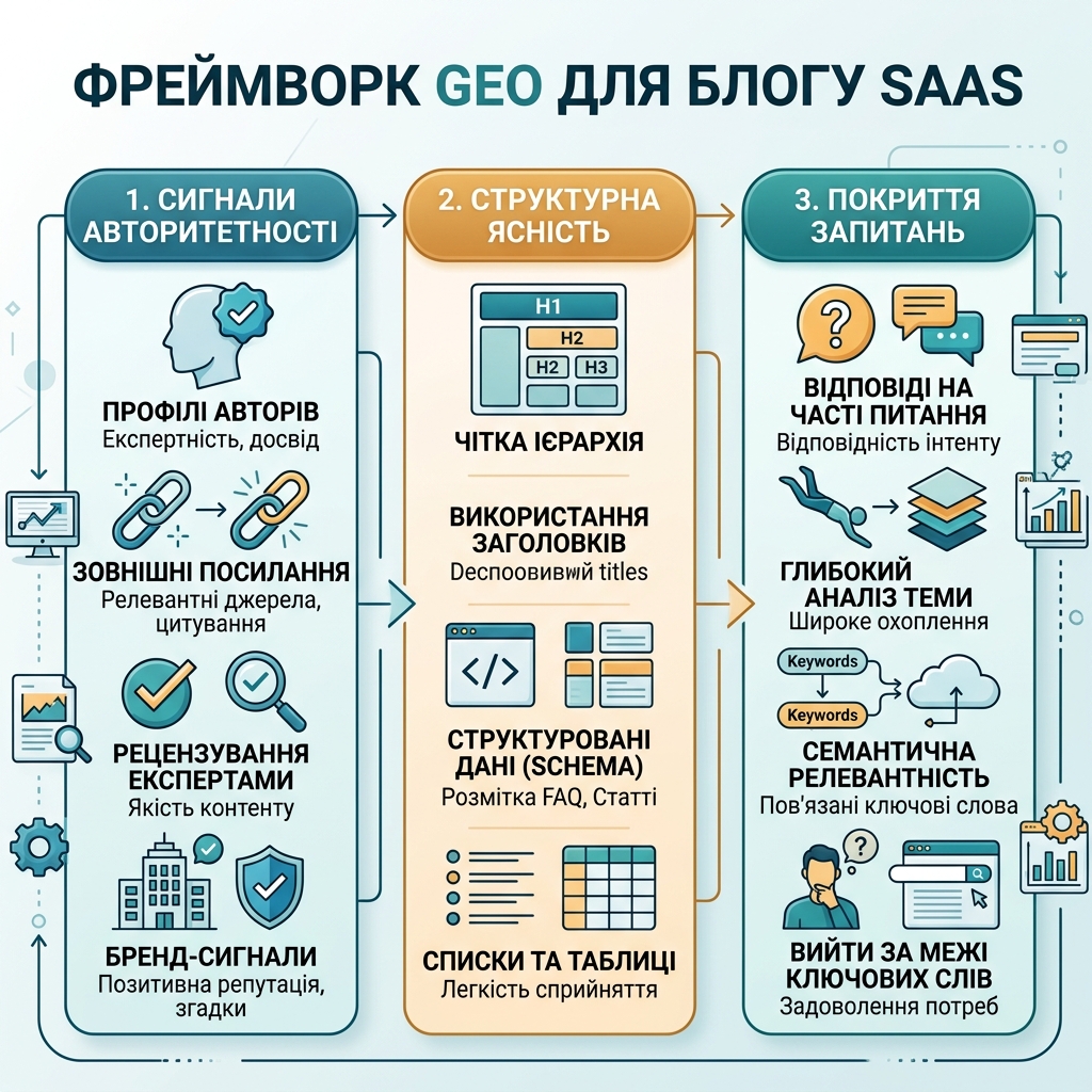 Три ключові принципи GEO: сигнали авторитетності, структурна ясність і повне покриття запитань