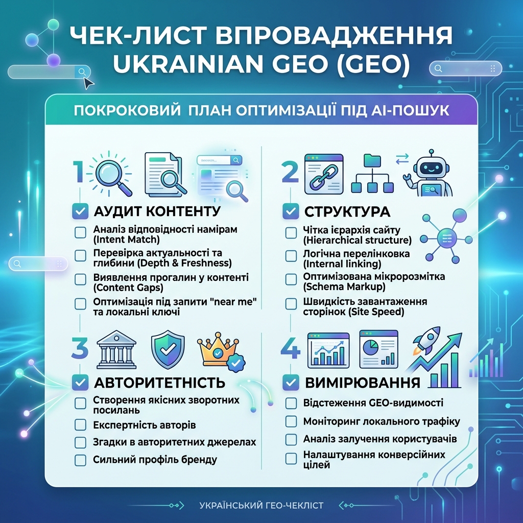 Контрольний список впровадження GEO: аудит контенту, структура, авторитетність і вимірювання