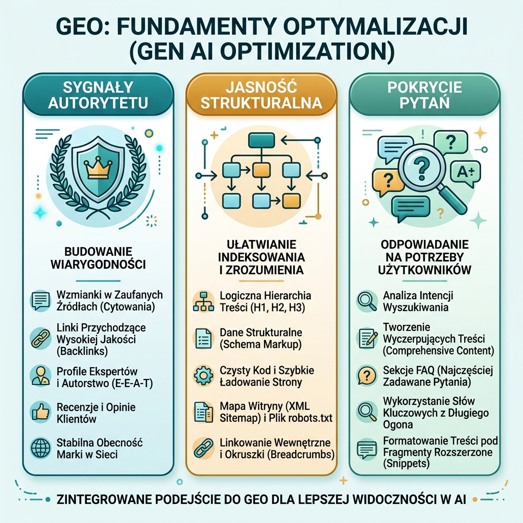 Trzy główne zasady GEO: sygnały autorytetu, jasność strukturalna i pełne pokrycie pytań