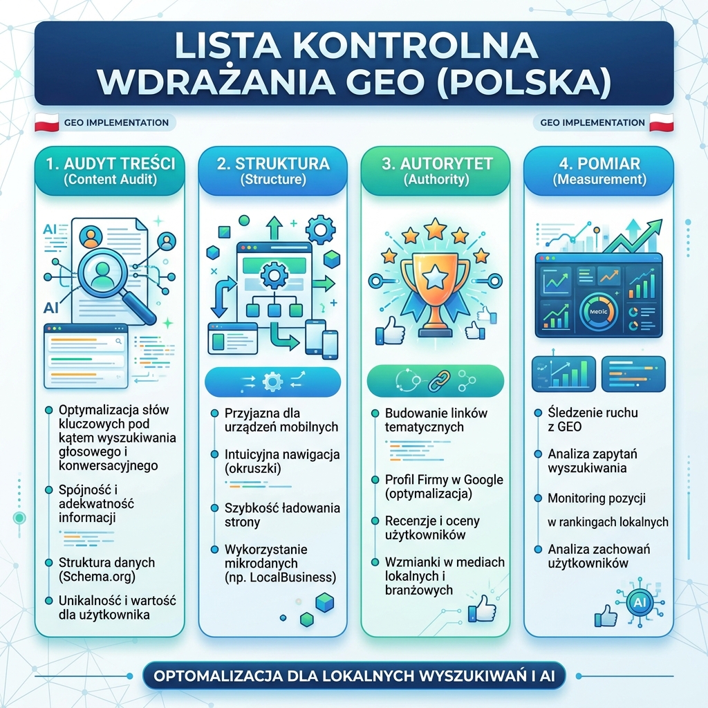 Lista kontrolna wdrożenia GEO: audyt treści, struktura, autorytet i pomiar