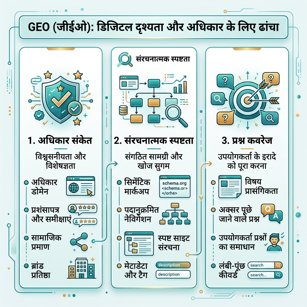 GEO के तीन मुख्य सिद्धांत: authority signals, structural clarity और complete question coverage