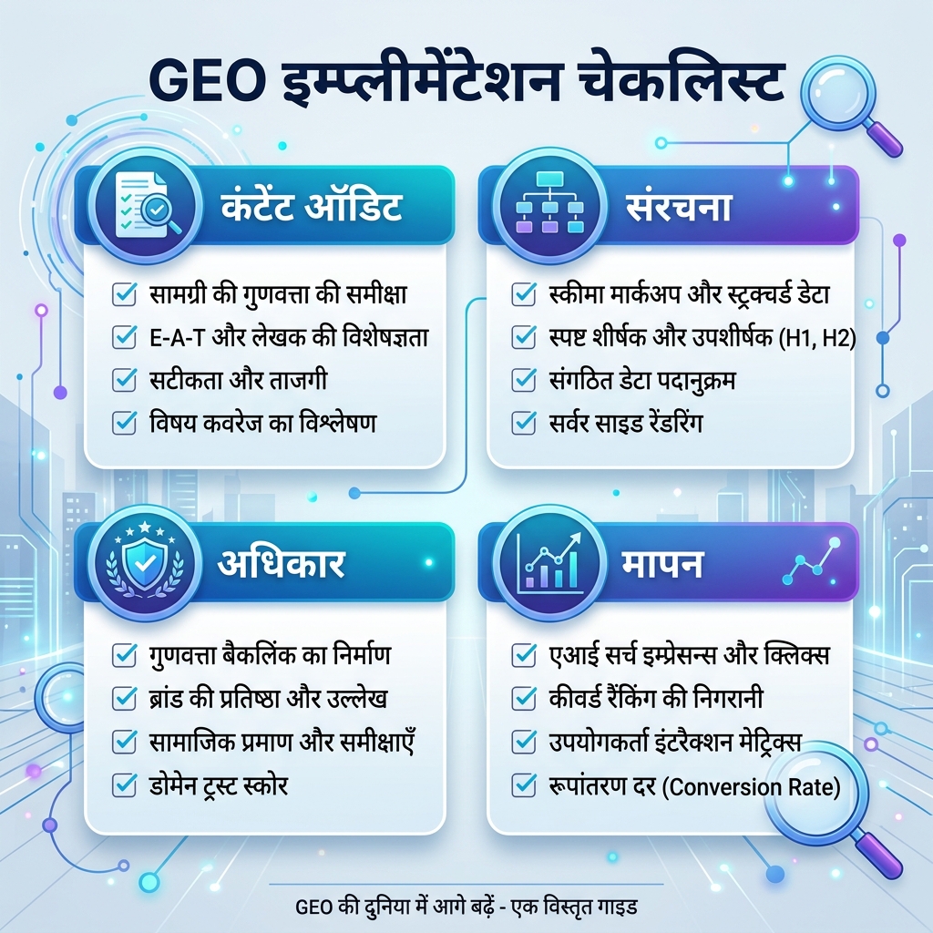 GEO implementation checklist: content audit, structure, authority और measurement