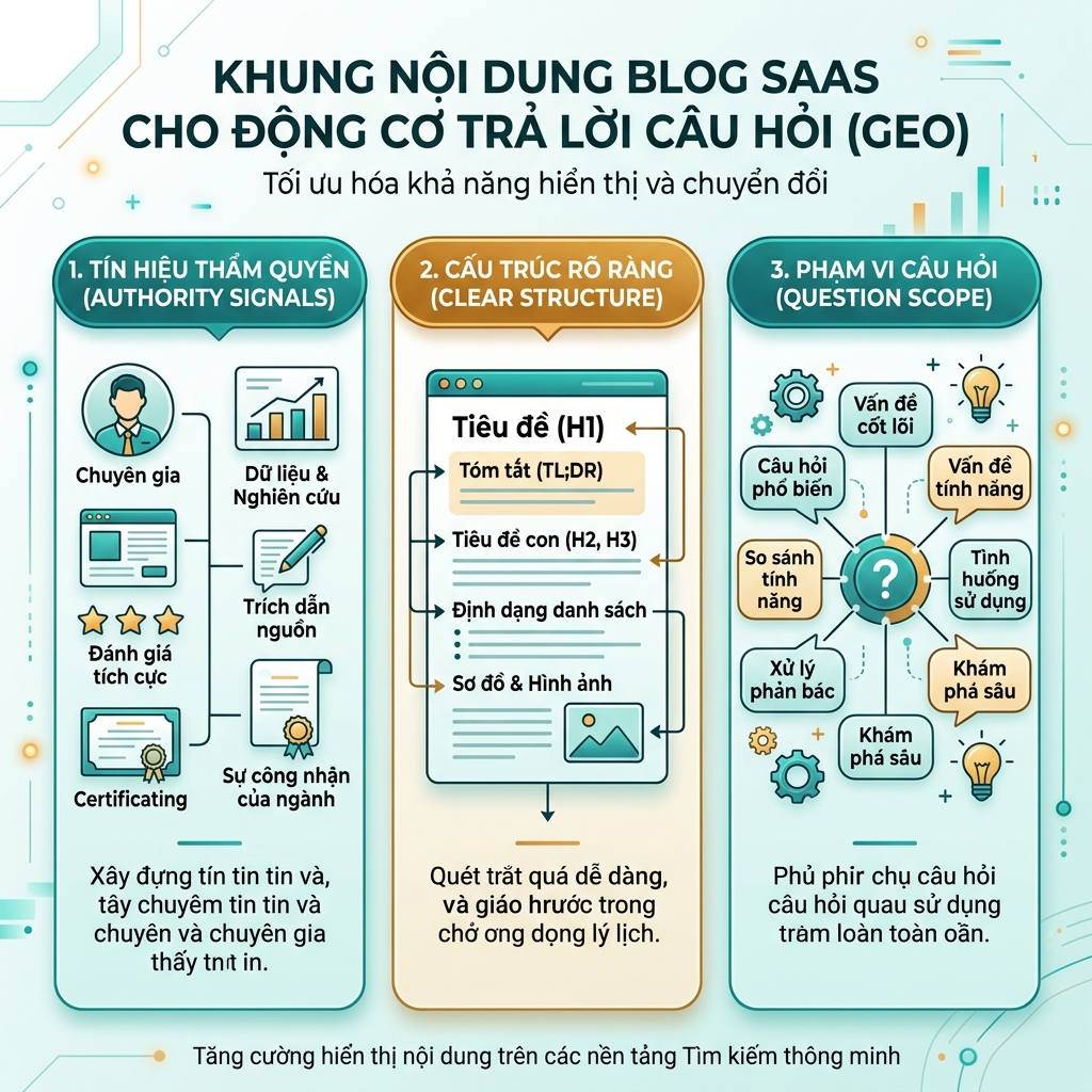 Ba nguyên tắc cốt lõi của GEO: tín hiệu thẩm quyền, cấu trúc rõ ràng và phạm vi câu hỏi đầy đủ