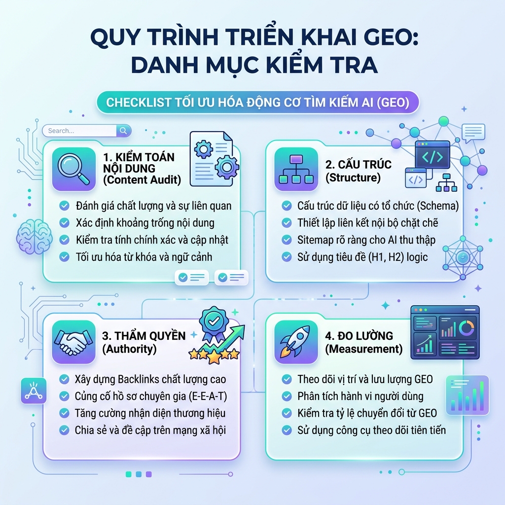 Checklist triển khai GEO: kiểm toán nội dung, cấu trúc, thẩm quyền và đo lường