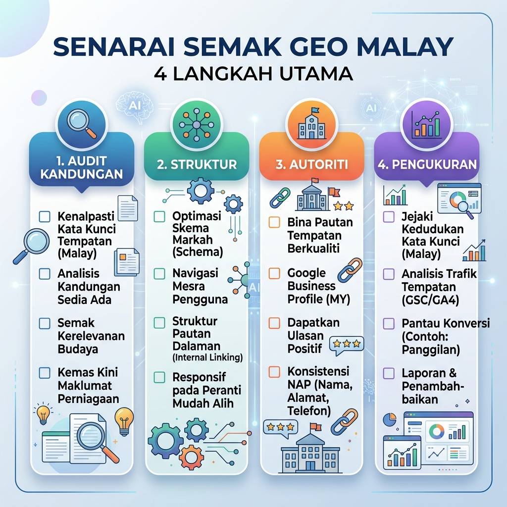 Checklist pelaksanaan GEO: audit kandungan, struktur, autoriti dan pengukuran