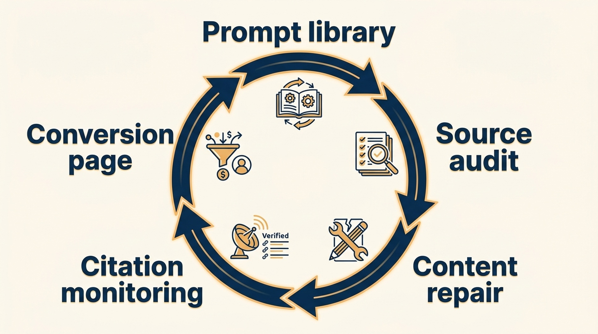 Workflow diagram showing prompt library, source audit, content repair, citation monitoring, and conversion page as a Claude GEO visibility loop.