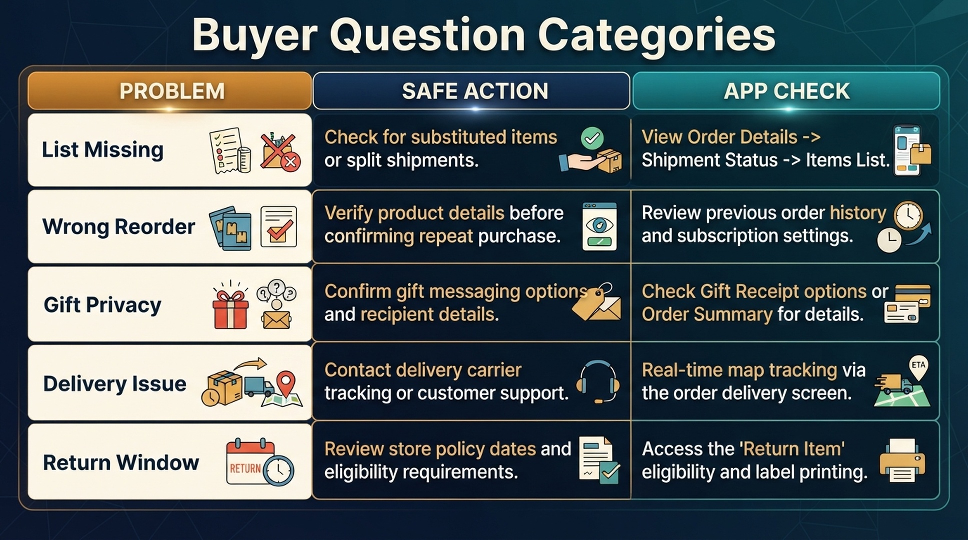 Buyer question categories for Alexa shopping problems safe actions and app checks