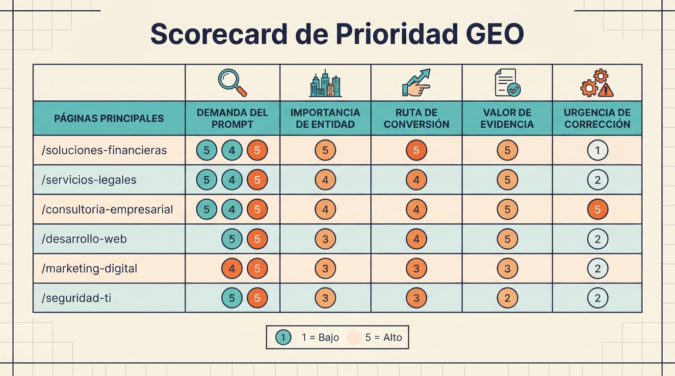 Tarjeta de puntuación de prioridad de páginas para ChatGPT GEO