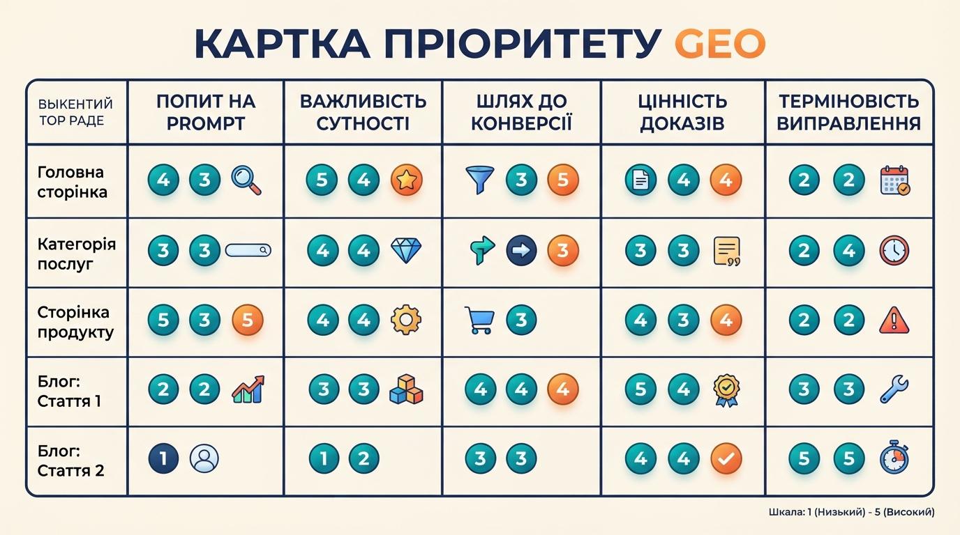 Картка оцінювання пріоритету сторінок ChatGPT GEO