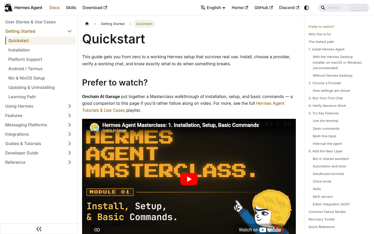 Screenshot of the Hermes Agent Quickstart documentation captured in logged-out desktop state.