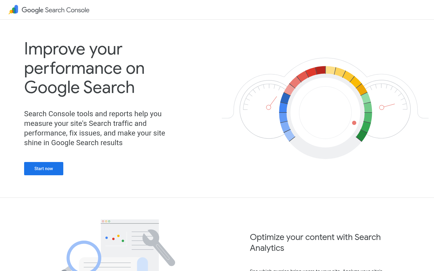 Screenshot of the public Google Search Console page captured in logged-out desktop state.