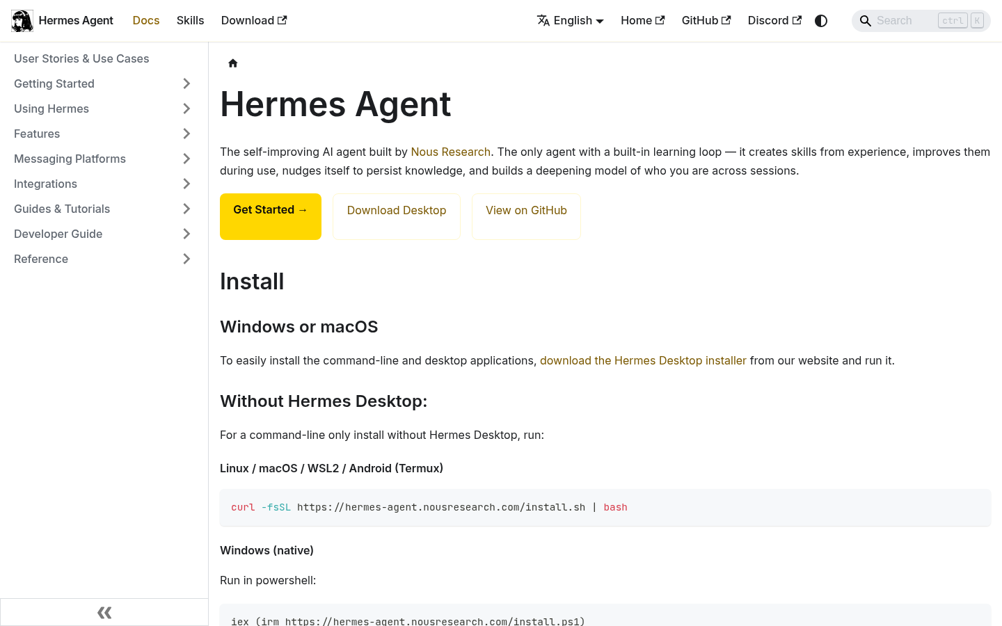 Screenshot of the public Hermes Agent documentation page captured in logged-out desktop state.