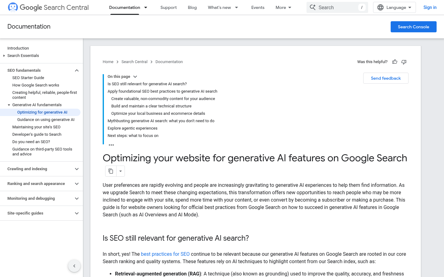 Screenshot of Google's generative AI optimization guide for Search captured in logged-out desktop state.