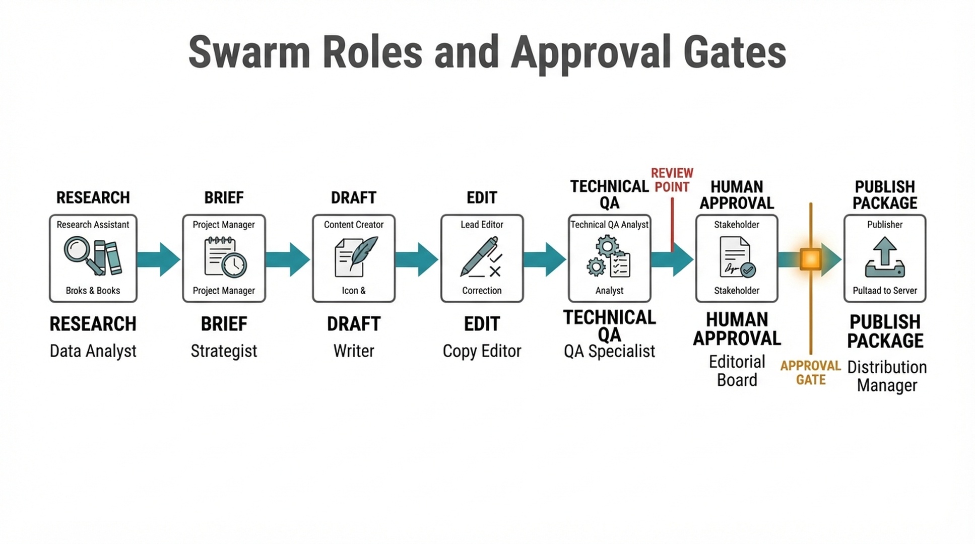 Workflow diagram showing Research, Brief, Draft, Edit, Technical QA, Human Approval, and Publish Package stages with role labels and approval gates.