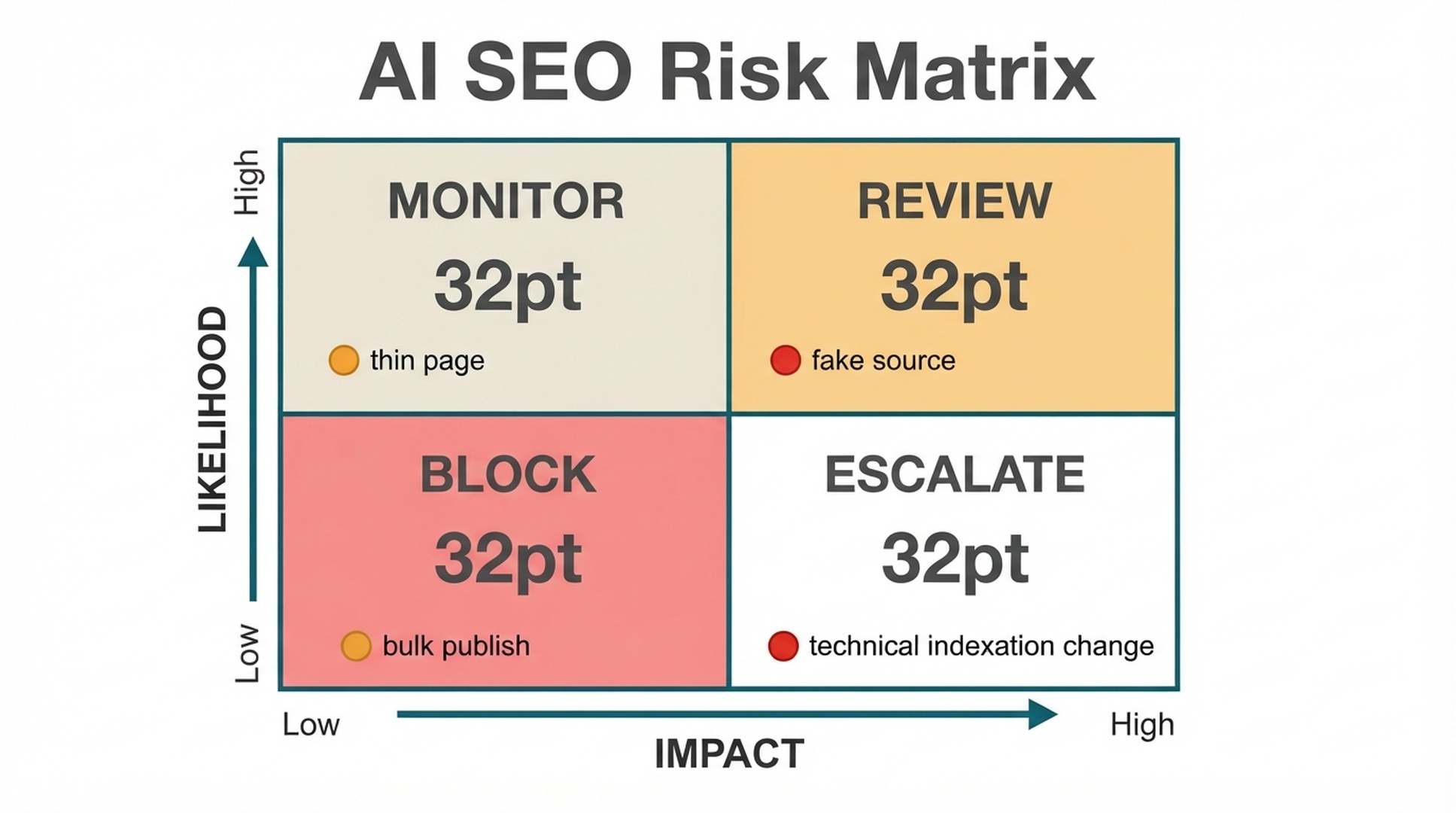 Risk matrix showing AI SEO risks by impact and likelihood, with monitor, review, block, and escalate zones.