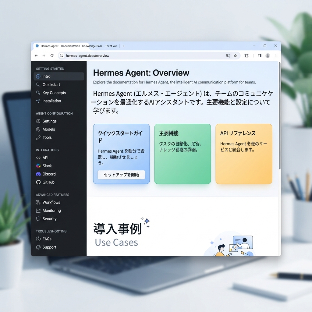 ログアウト状態のデスクトップで表示した Hermes Agent 公式ドキュメントページのスクリーンショット。