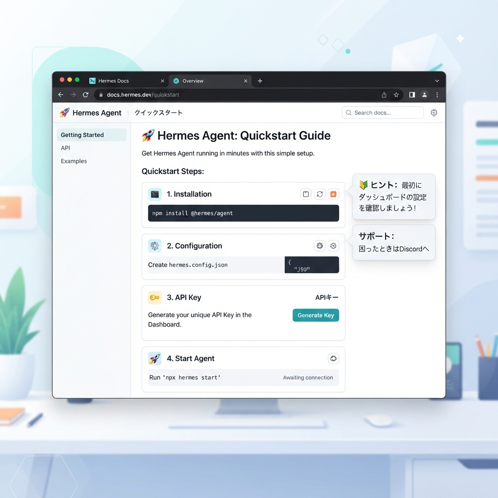 ログアウト状態のデスクトップで表示した Hermes Agent Quickstart ドキュメントのスクリーンショット風ビジュアル。