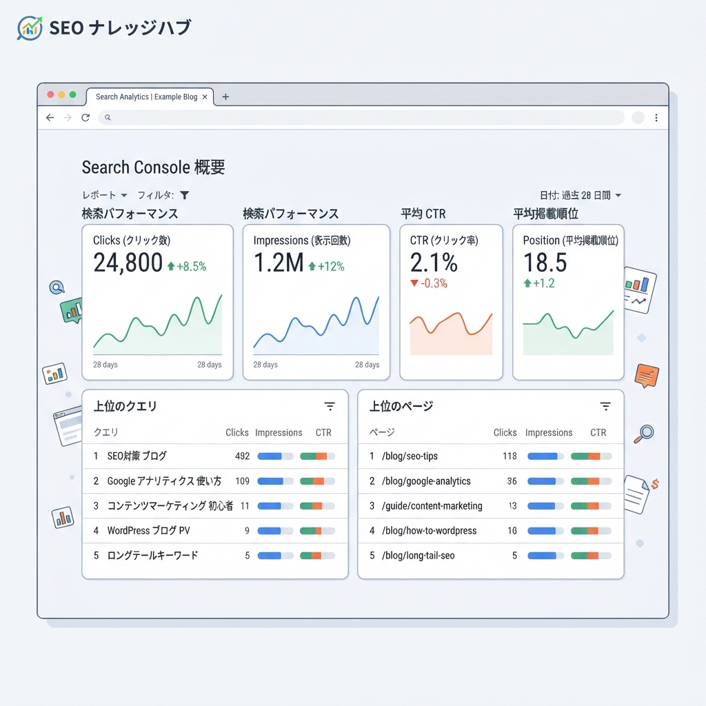 ログアウト状態のデスクトップで表示した Google Search Console 公開ページのスクリーンショット風ビジュアル。