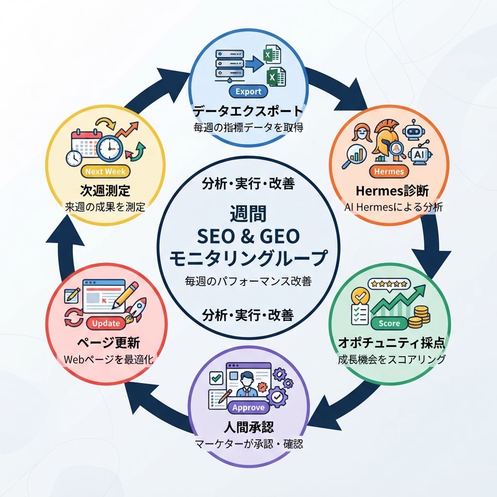 週次 SEO/GEO モニタリングループを示す円形ワークフロー図：データエクスポート、Hermes 診断、機会スコアリング、人間の承認、ページ更新、翌週の計測。