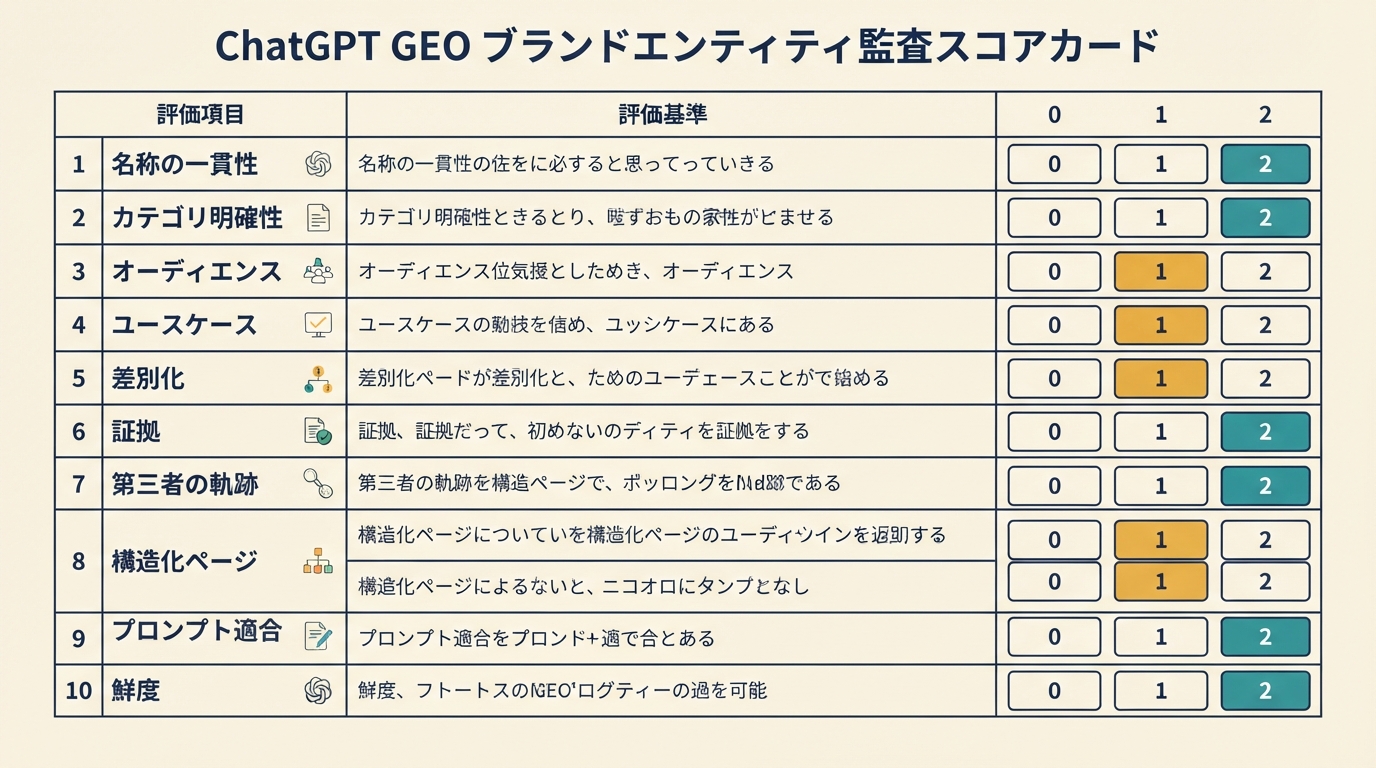 ChatGPT GEO ブランドエンティティ監査スコアカード