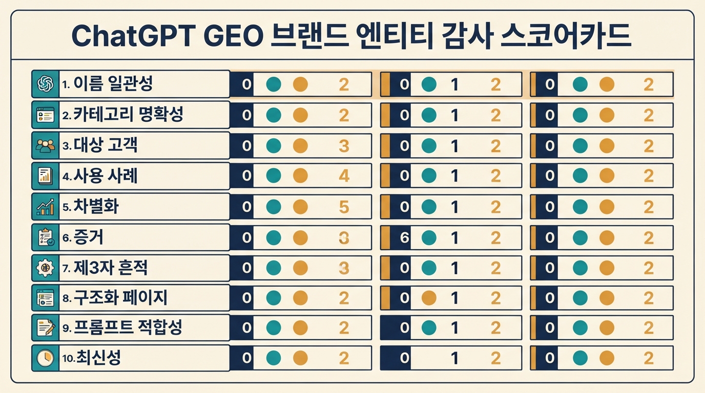ChatGPT GEO 브랜드 엔티티 감사 스코어카드