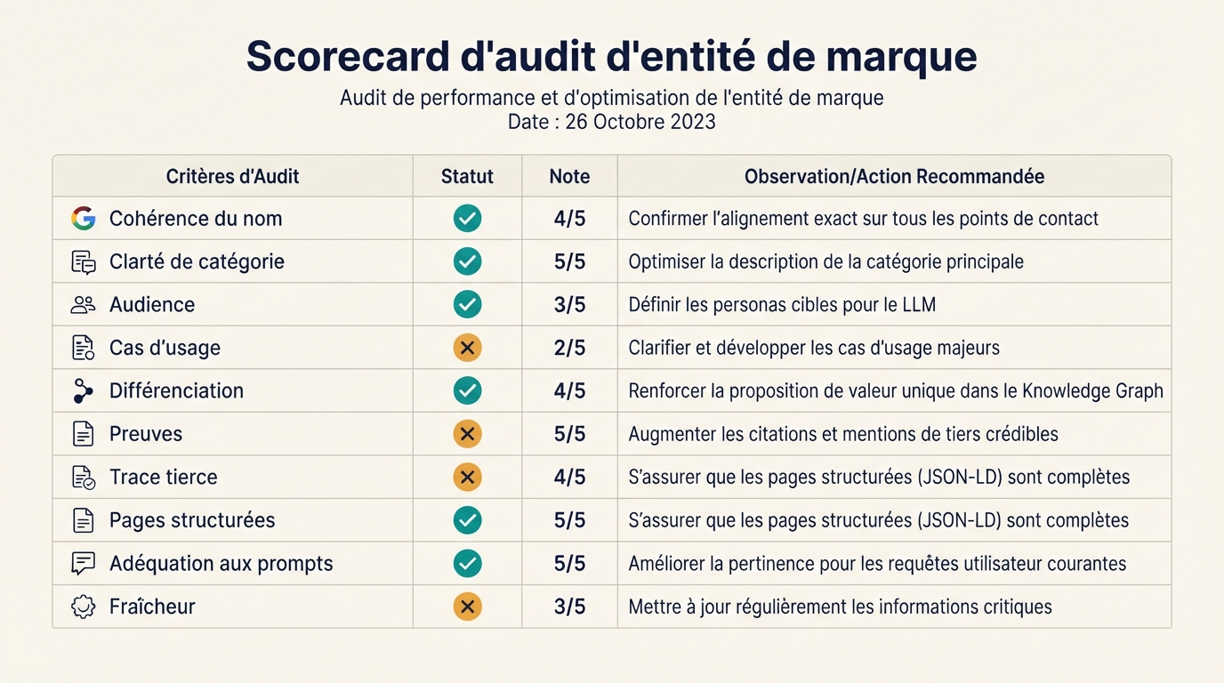 Scorecard d'audit d'entité de marque ChatGPT GEO