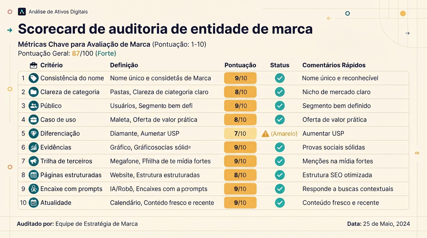 Scorecard de auditoria de entidade de marca para ChatGPT GEO