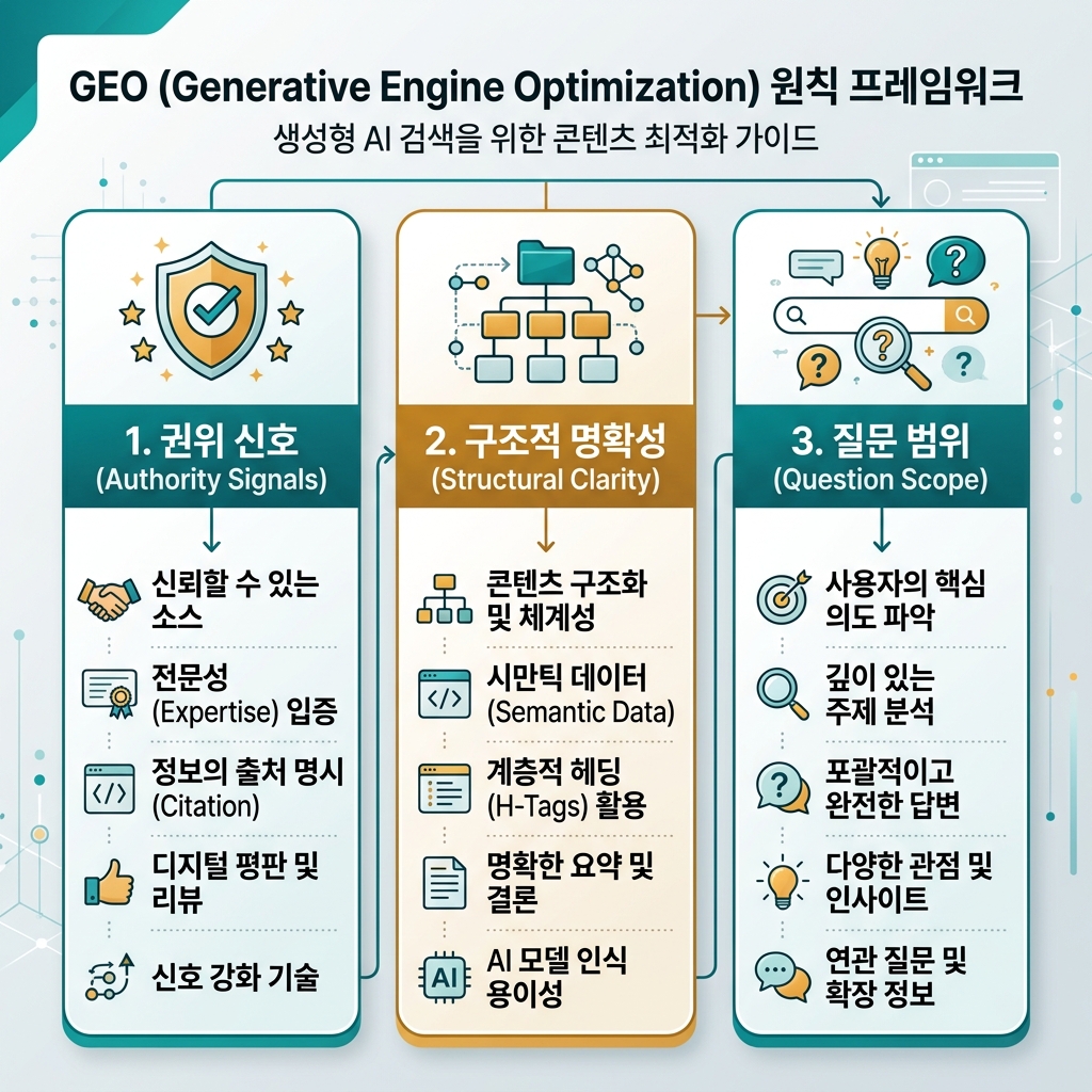 Generative Engine Optimization(GEO)을 설명하는 정보 다이어그램