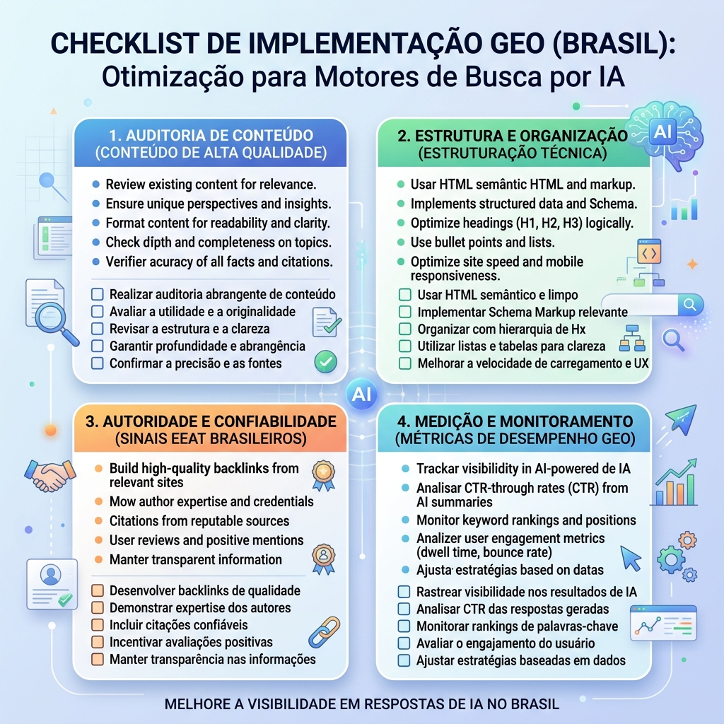 Checklist e fluxo de trabalho para uma página GEO
