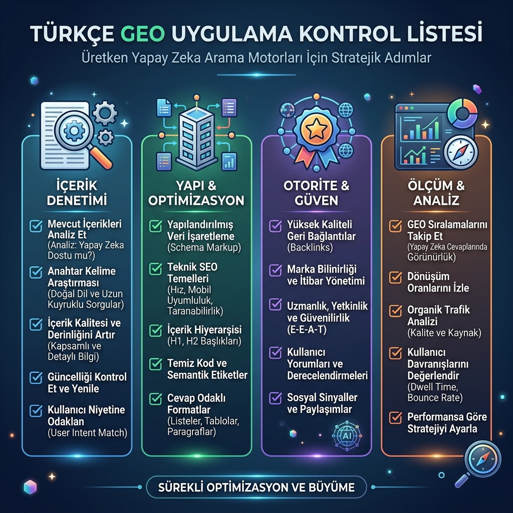 GEO sayfası için kontrol listesi ve iş akışı