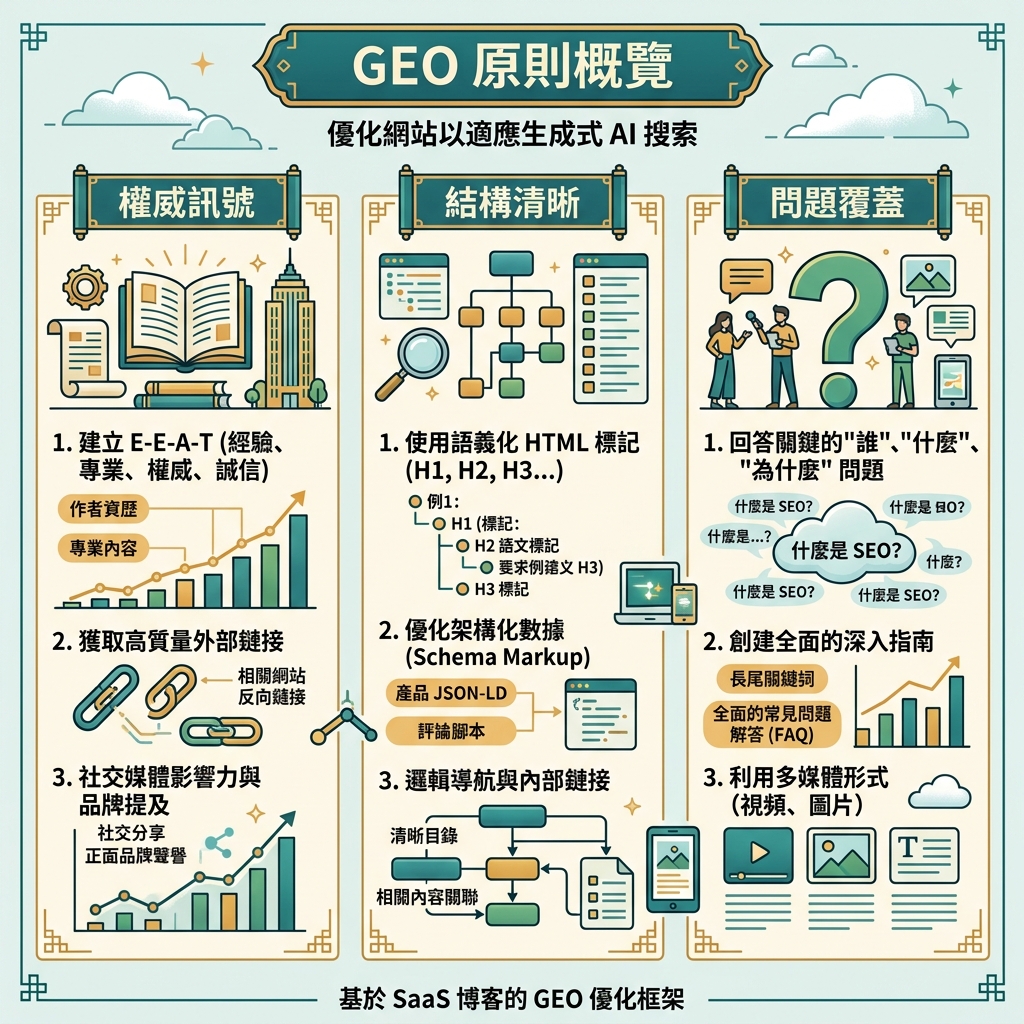 SEO、AEO 與 GEO 比較圖