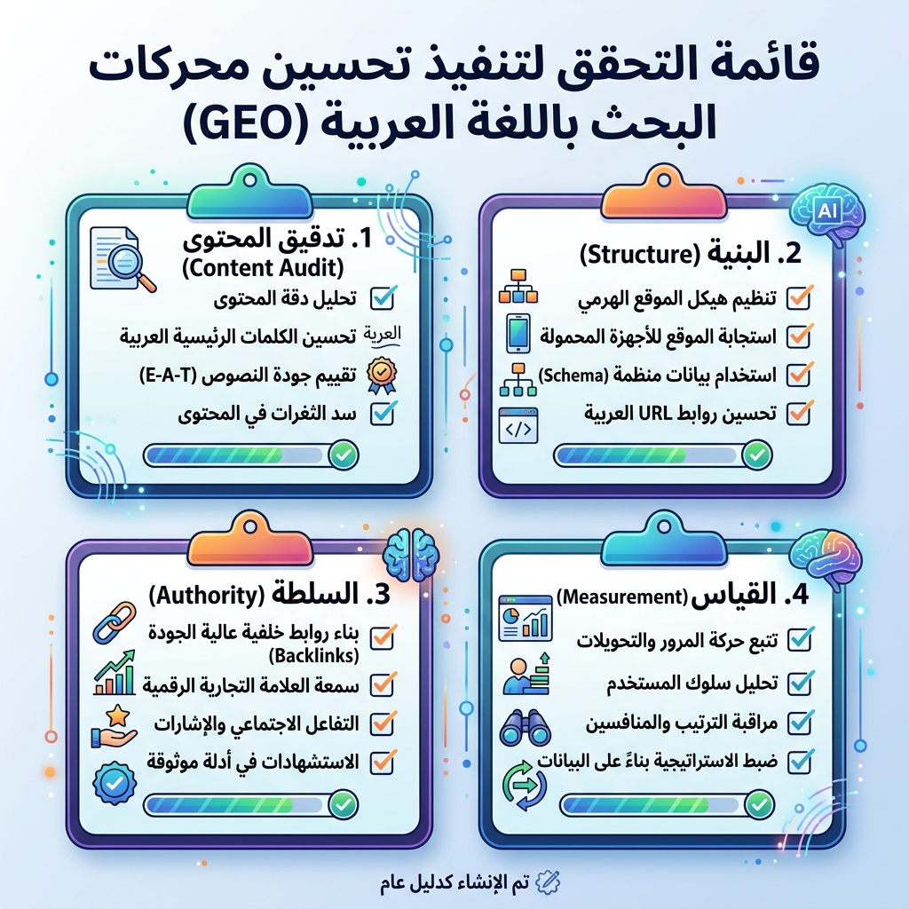 قائمة تنفيذ GEO لمحتوى بحث الذكاء الاصطناعي