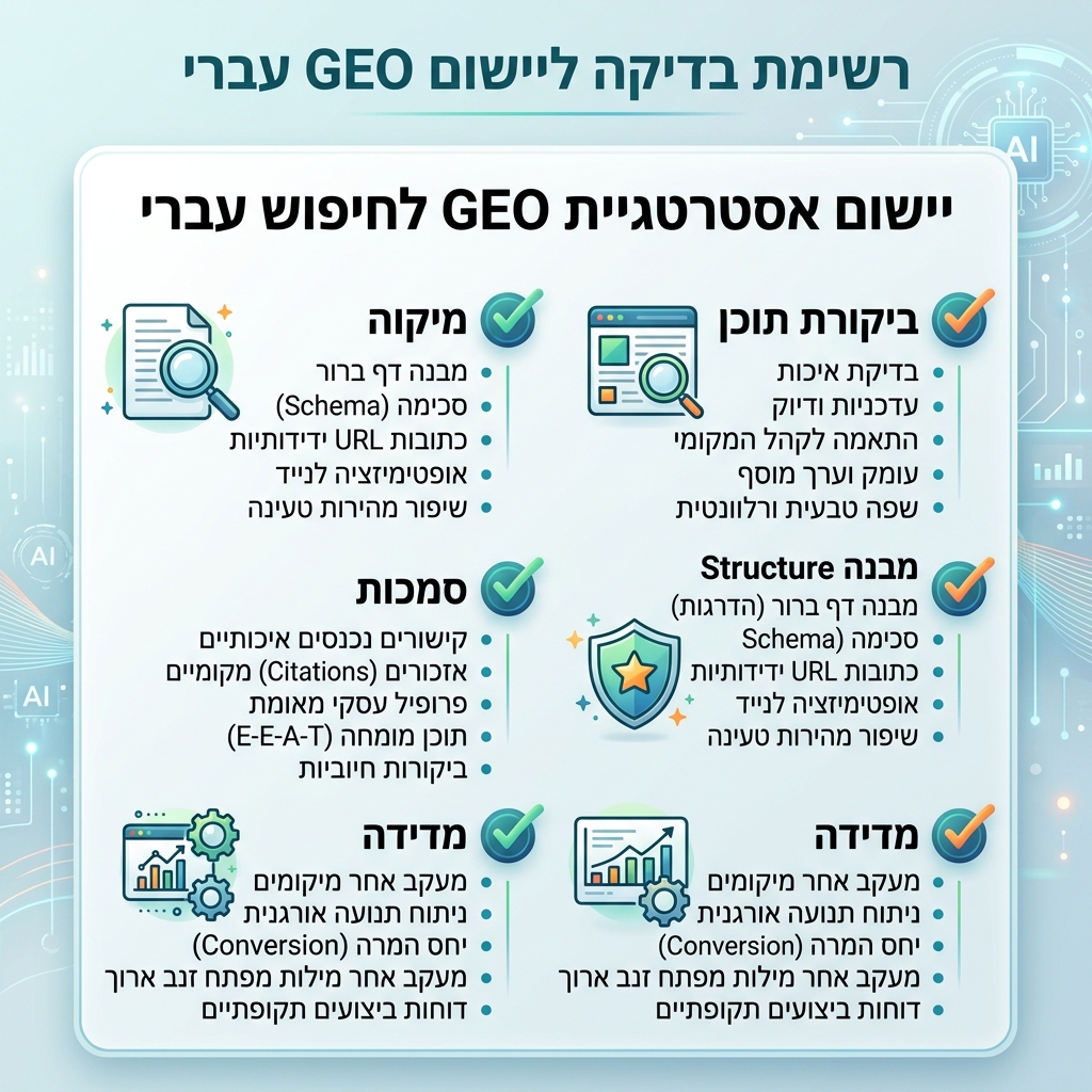 רשימת בדיקה ליישום GEO עבור תוכן חיפוש AI