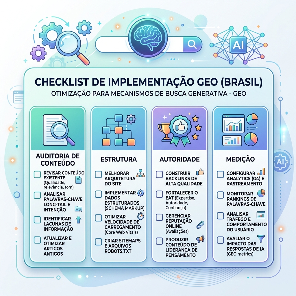 Checklist de implementação de GEO para conteúdo de busca com IA