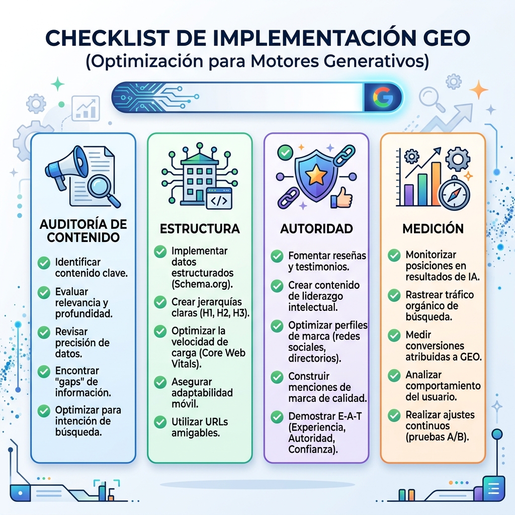 Checklist de implementación de GEO para contenido de búsqueda con IA