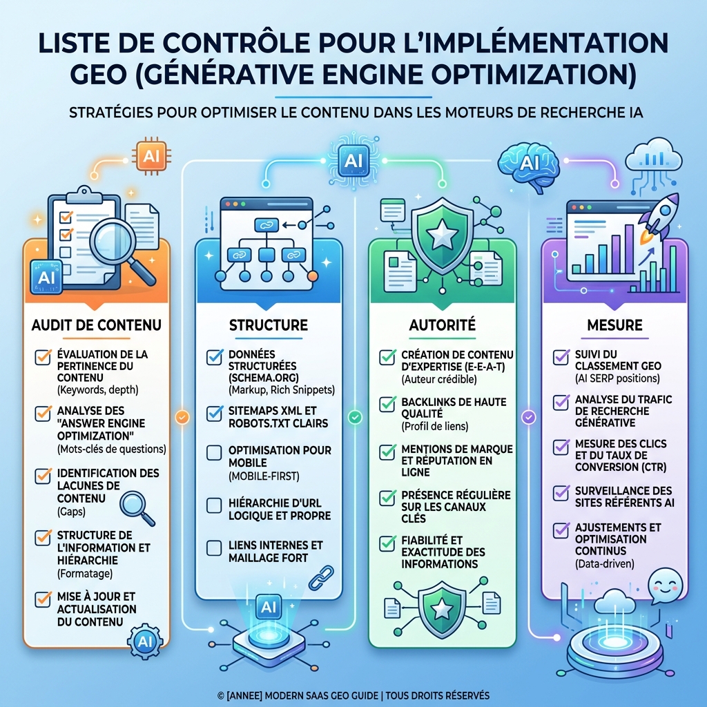 Checklist de mise en œuvre GEO pour le contenu de recherche IA