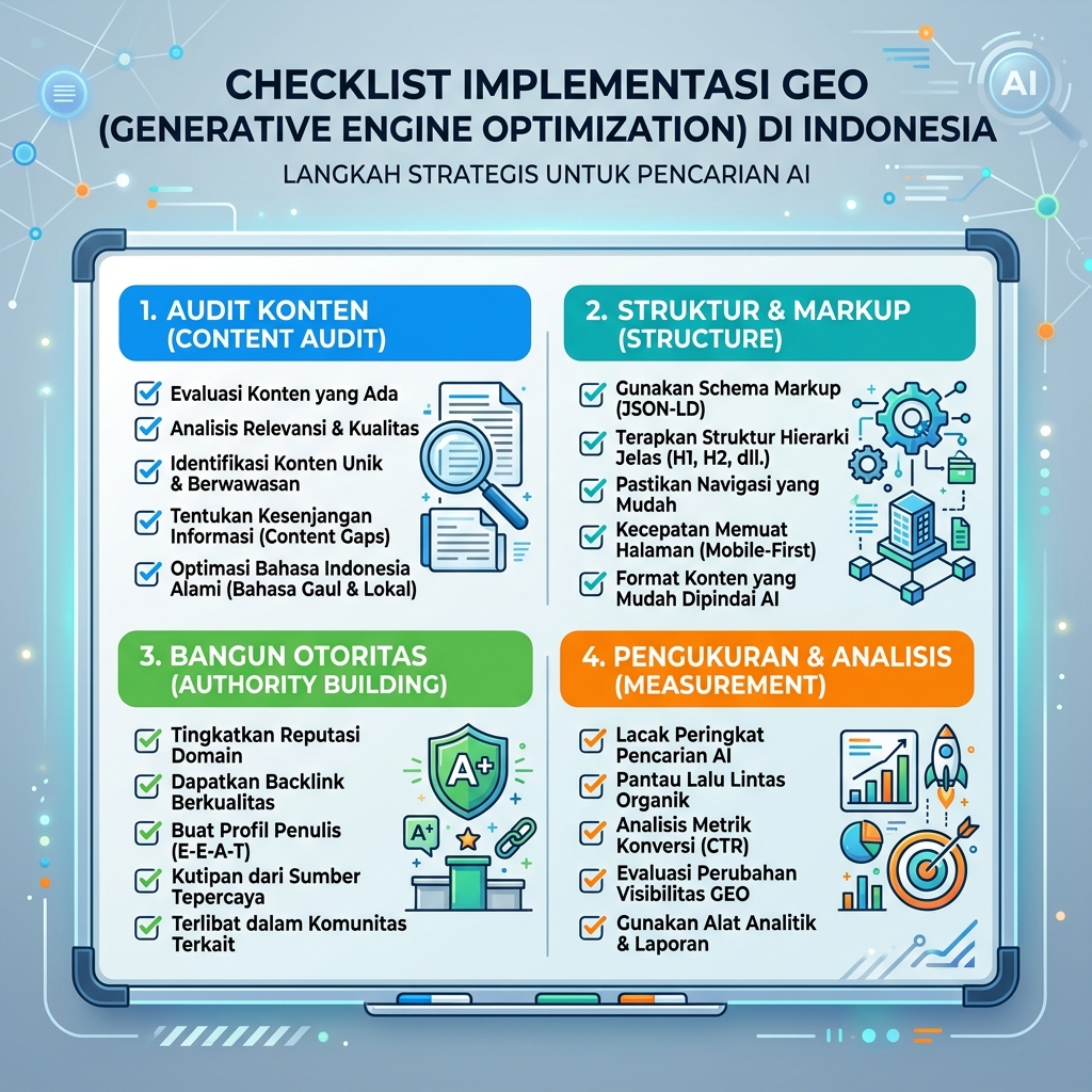 Checklist implementasi GEO untuk konten pencarian AI