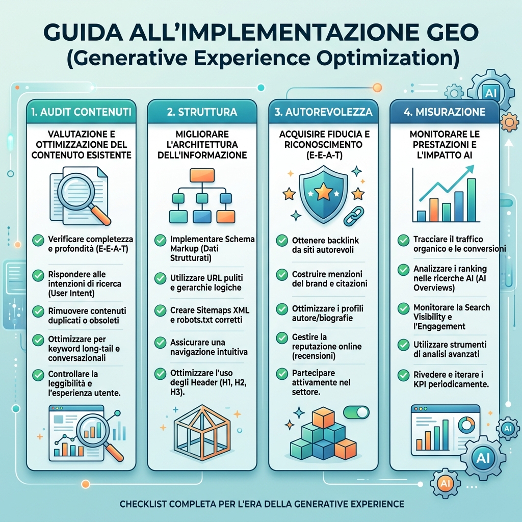 Checklist di implementazione GEO per contenuti di ricerca IA