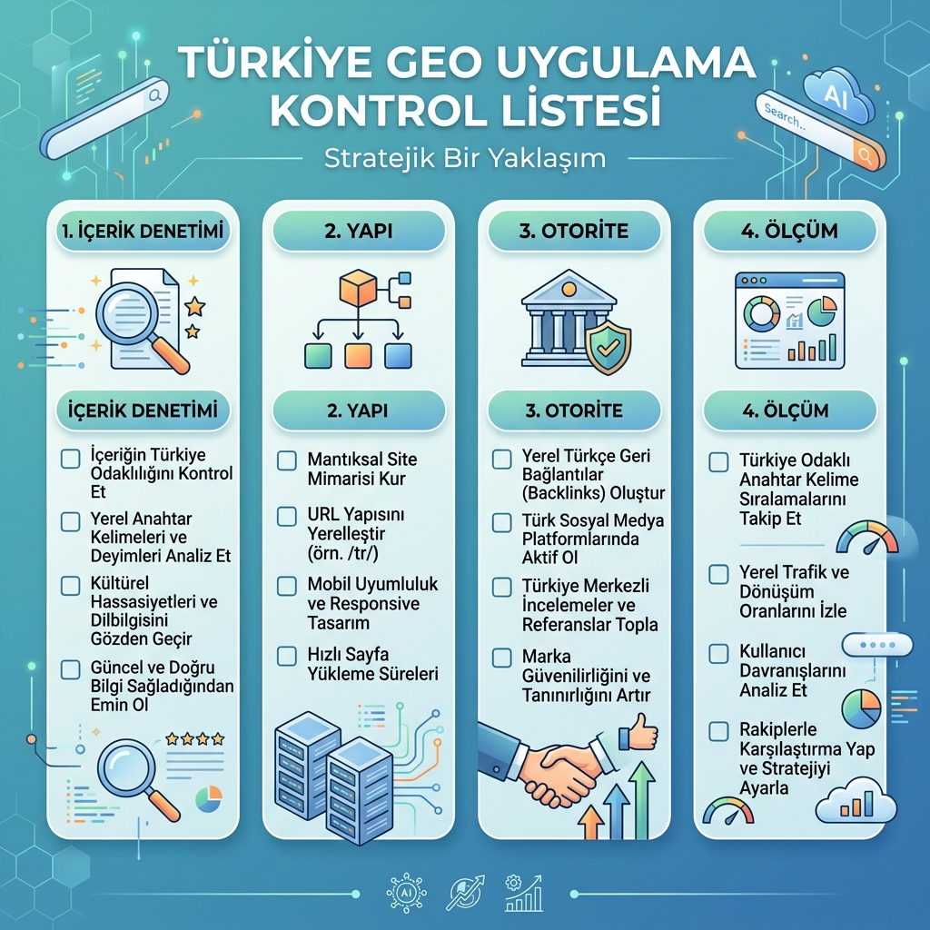 Yapay zeka arama içeriği için GEO uygulama kontrol listesi