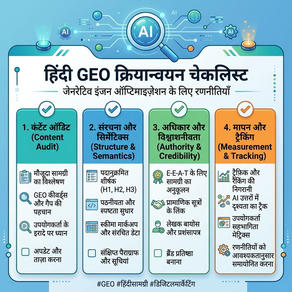 AI खोज कंटेंट के लिए GEO लागू करने की चेकलिस्ट