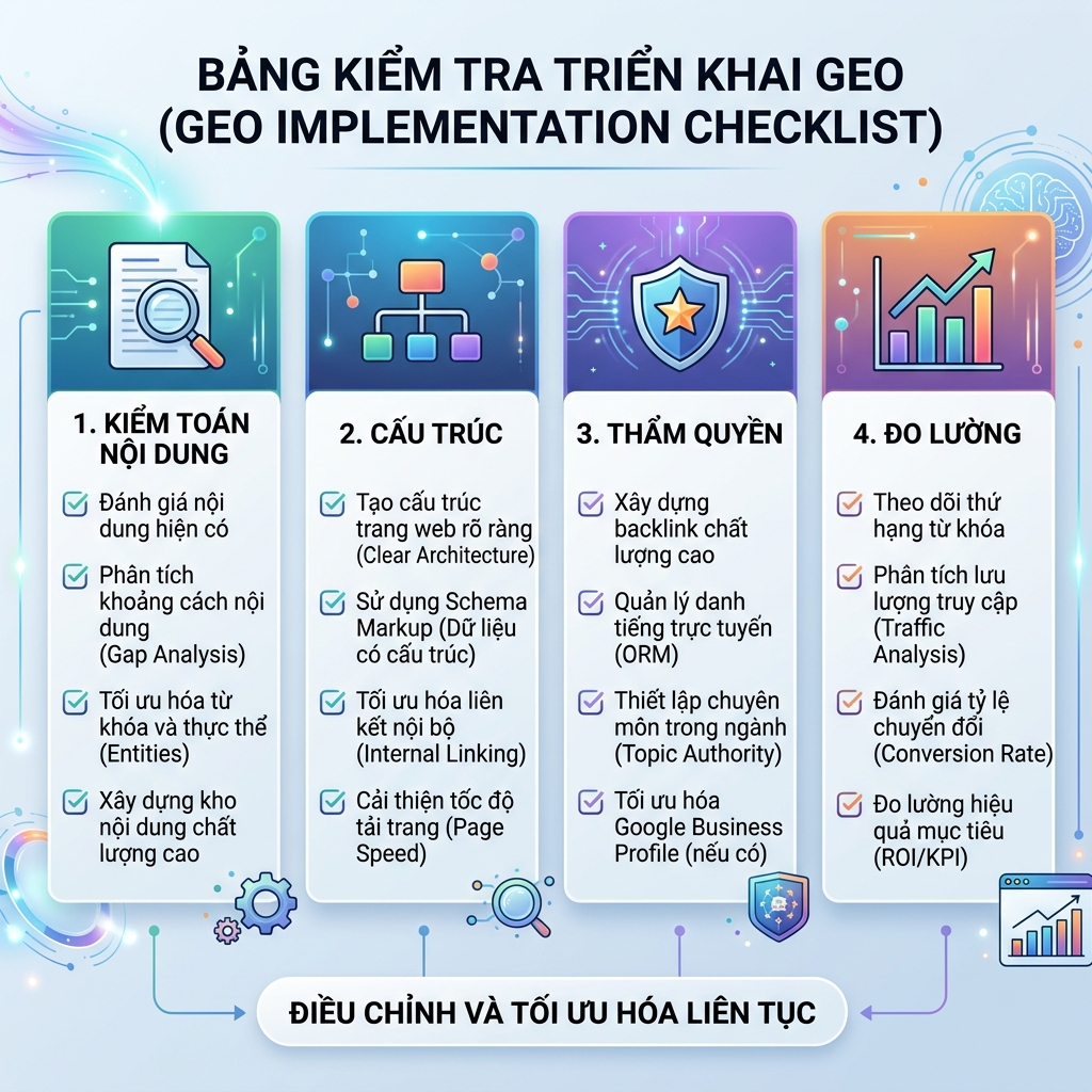 Checklist triển khai GEO cho nội dung tìm kiếm AI