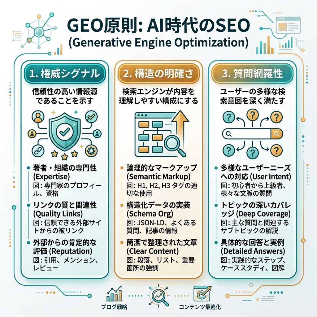 セマンティックSEOからエージェント対応の回答まで、GEOの四段階を示すタイムライン図