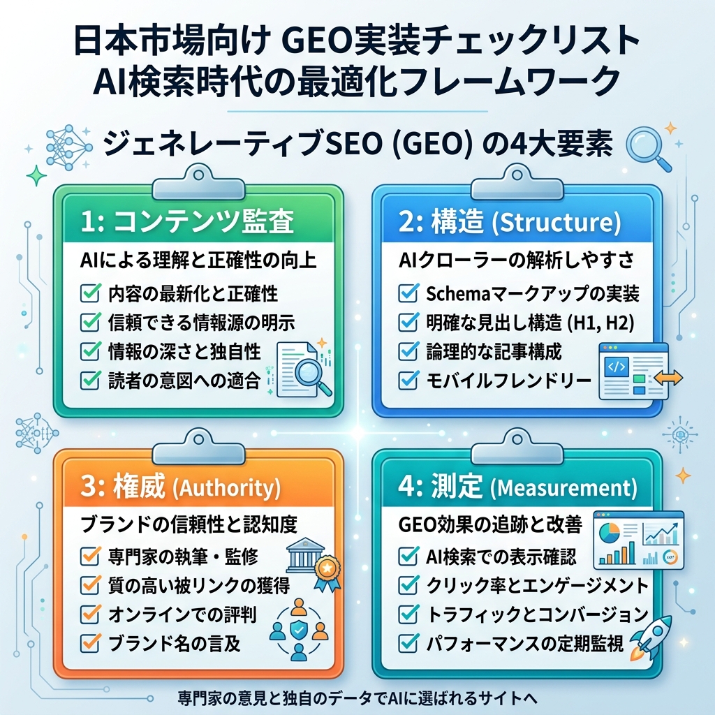 回答マップ、ソースグラフ、エンティティ証拠、ページ構造、AIクロールアクセス、測定ループを示すGEO運用システムのマトリクス