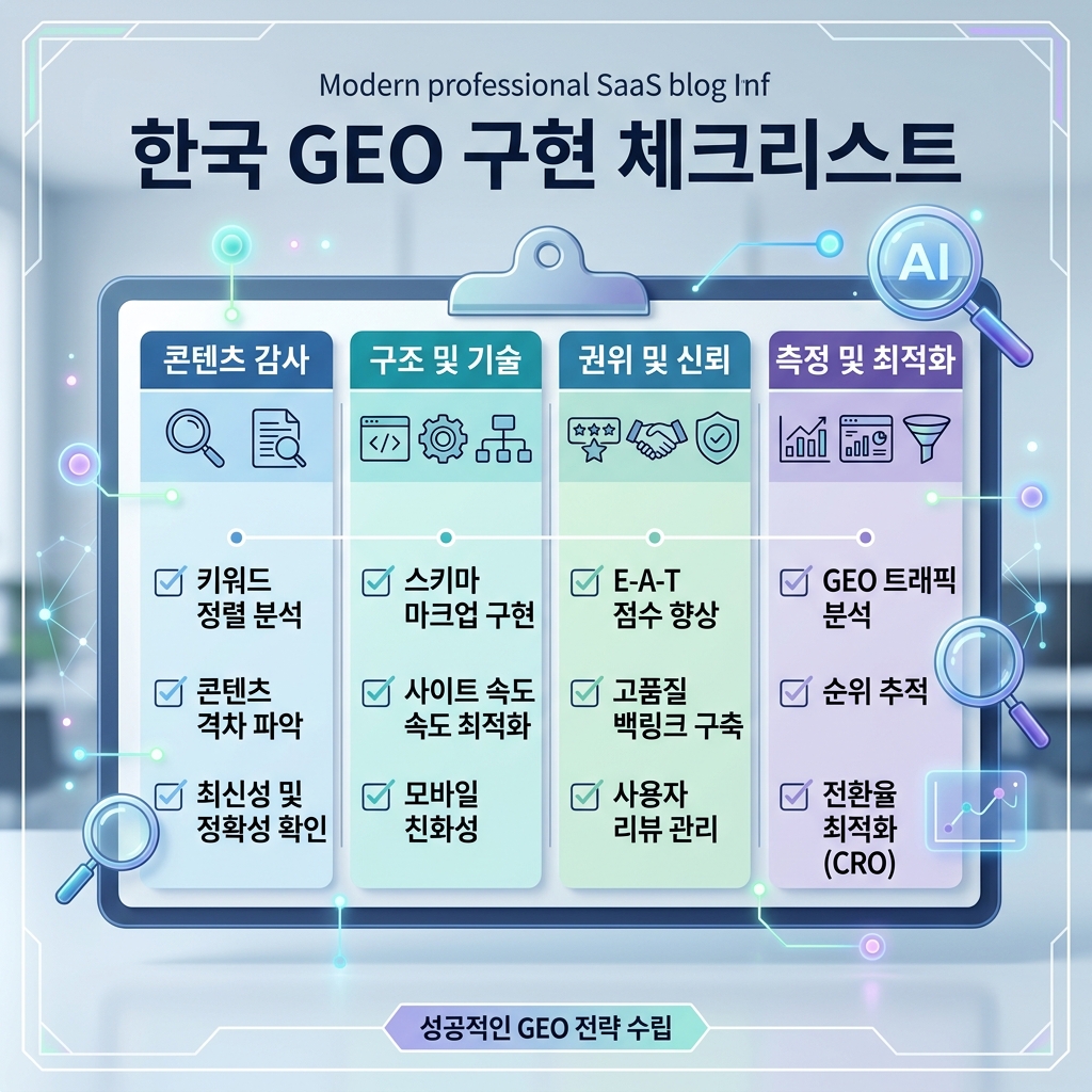 답변 지도, 소스 그래프, 엔티티 증거, 페이지 구조, AI 크롤 접근, 측정 루프를 보여주는 GEO 운영 체계 매트릭스