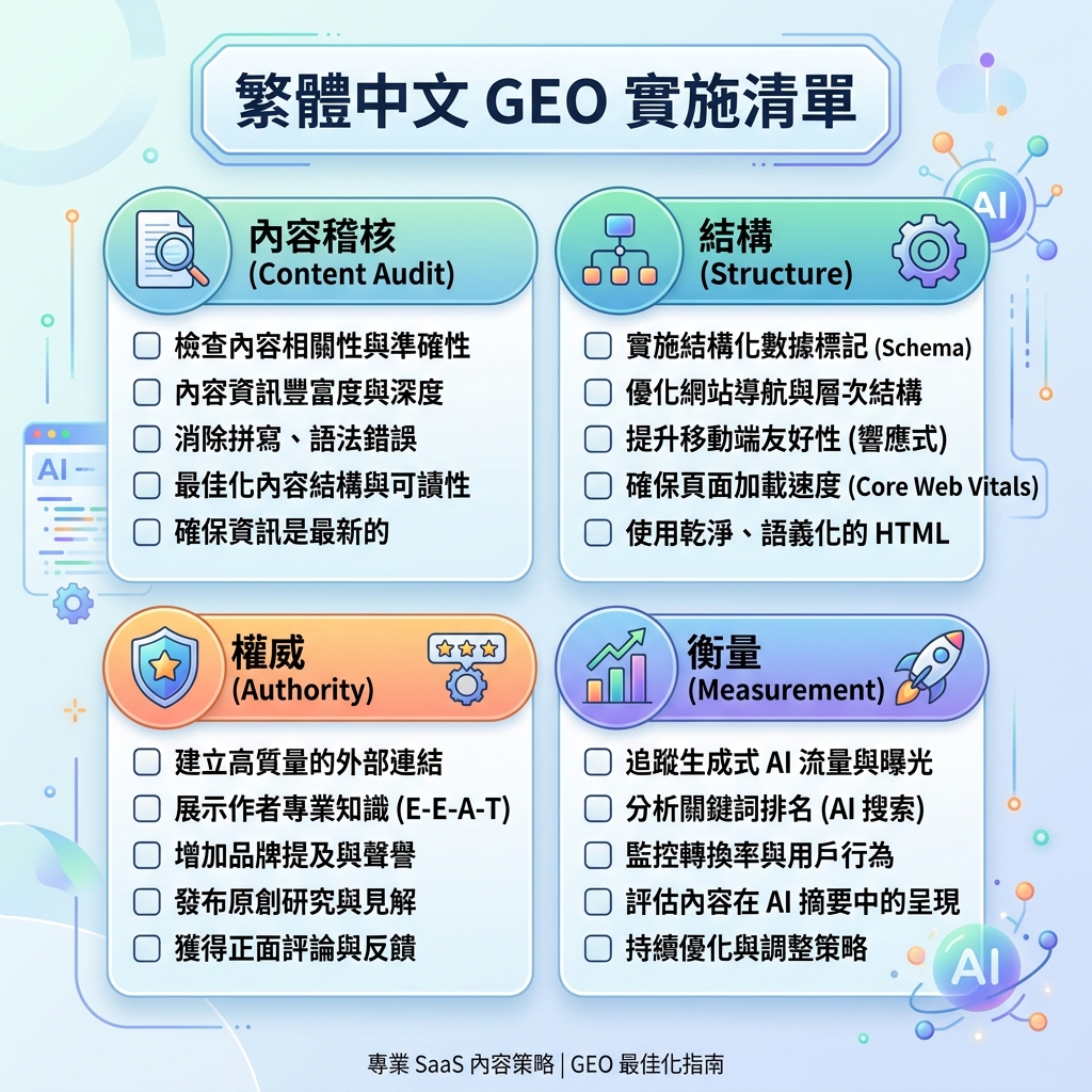 GEO 作業系統矩陣，展示答案地圖、來源圖譜、實體證明、頁面结构、AI 抓取存取和測量循環