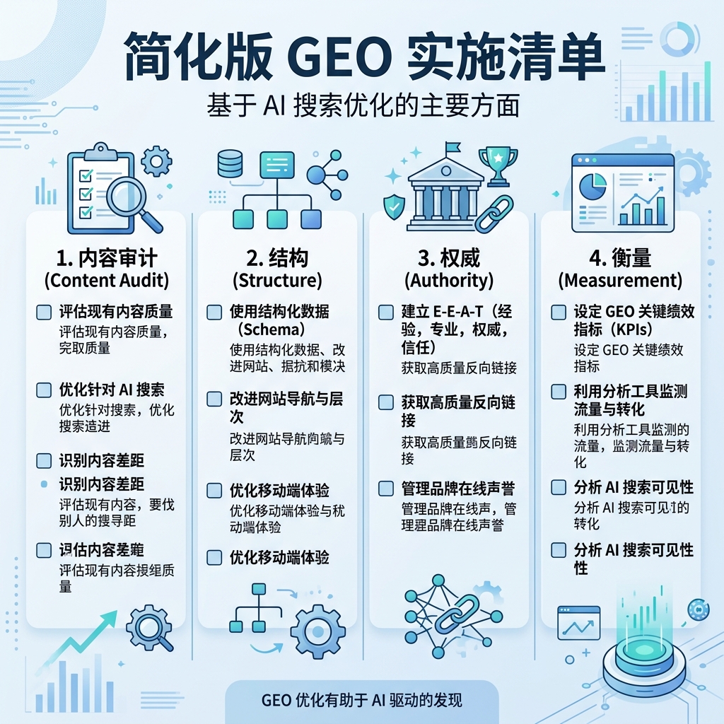 GEO 操作系统矩阵，展示答案地图、来源图谱、实体证明、页面结构、AI 抓取访问和测量循环