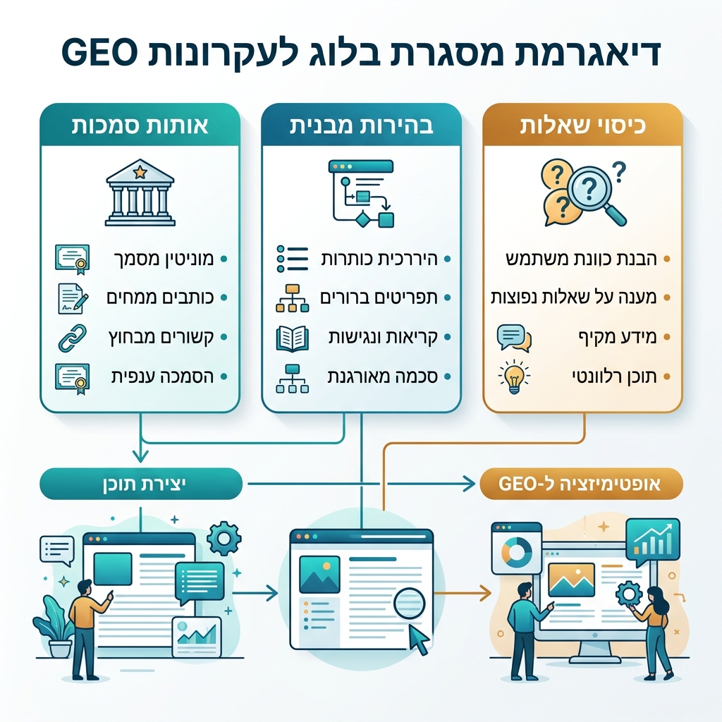 תרשים ציר זמן של GEO המציג ארבעה שלבים מ-SEO סמנטי ועד תשובות מוכנות לסוכנים