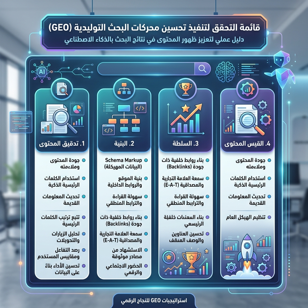 مصفوفة نظام تشغيل GEO تعرض خرائط الإجابات ورسوم المصادر وإثبات الكيانات وبنية الصفحة ووصول زحف AI وحلقات القياس